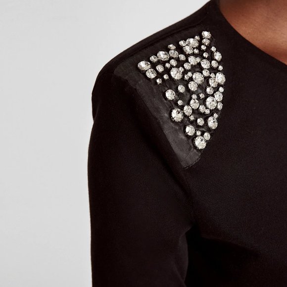 ZARA - Jeweled Embellished Padded Shoulders T-Shirt - Picture 5 of 9